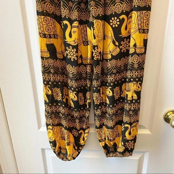 Balloon Leg Flowy Draped Harem Pants Joggers Black Gold Elephant Print Size XS/S - Picture 9 of 16
